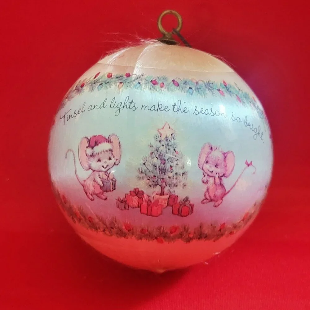 Vintage Hallmark Christmas Mouse Silk Ball Ornament 1977